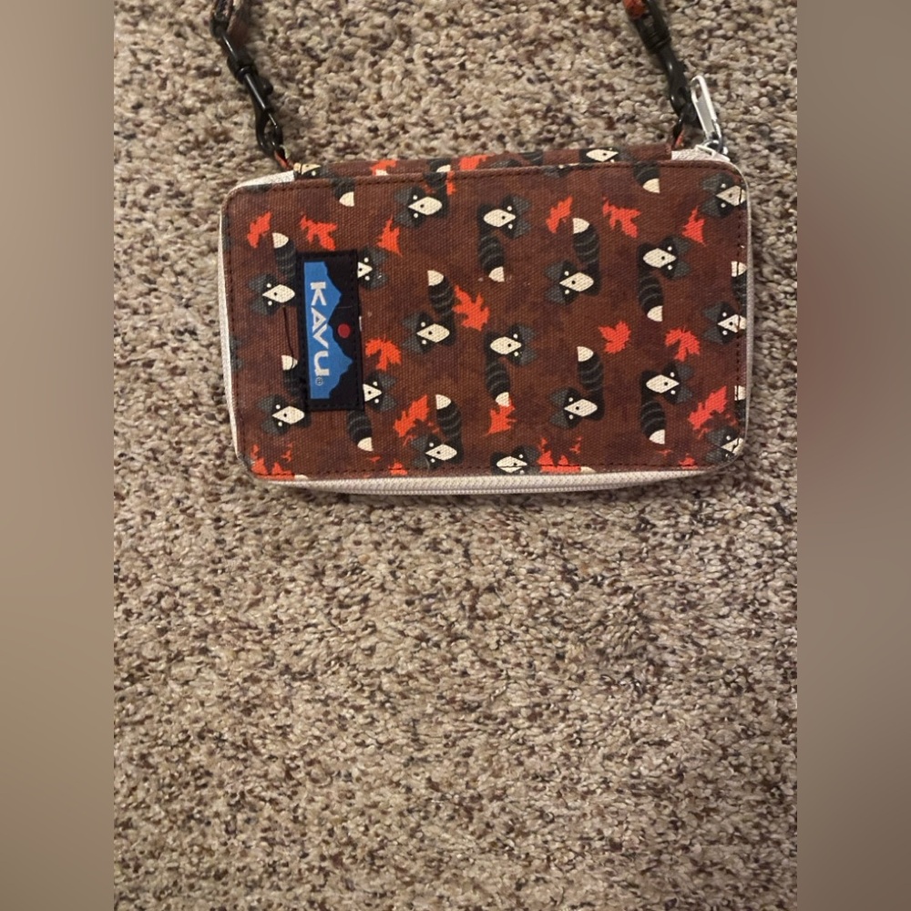 Kavu Burgundy Wristlet with Raccoon and Red Leaf Print